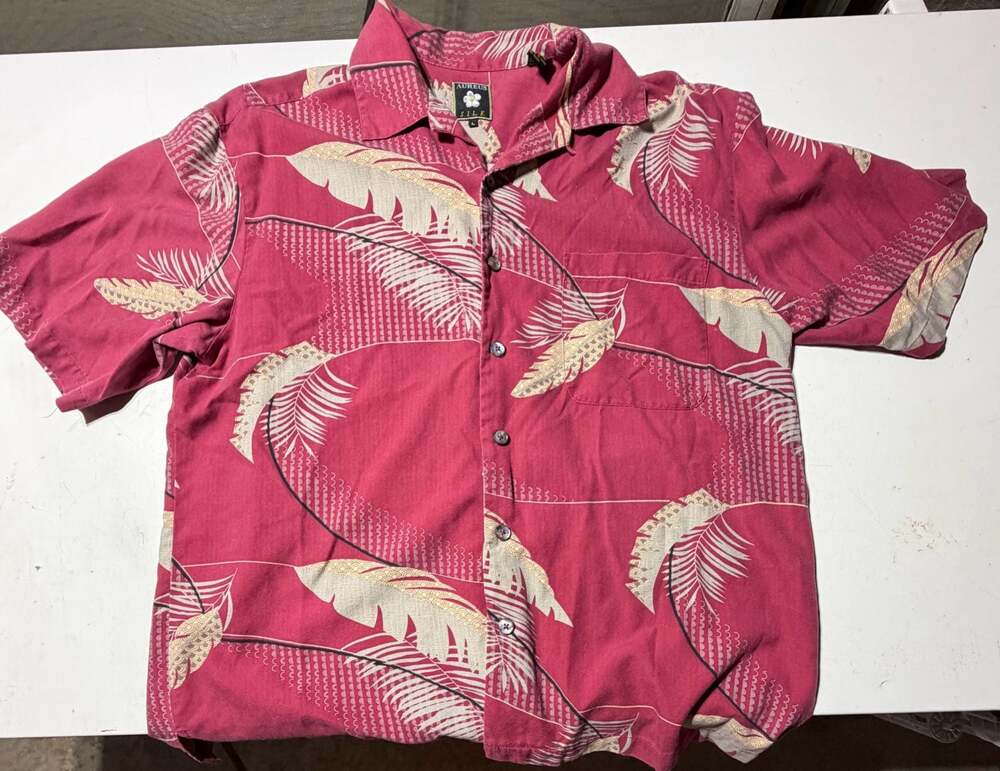Aureus Silk Blend Tropical Leaf Print Short Sleeve Button-Up Shirt